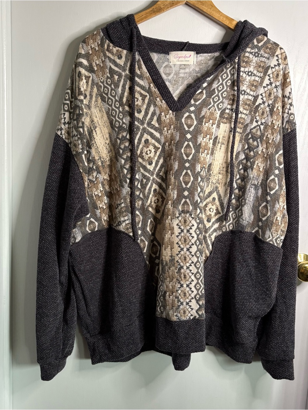 Sugarfox Sz 3X V-Neck Hooded Mixed Media Tribal Print Boho Oversized Festival